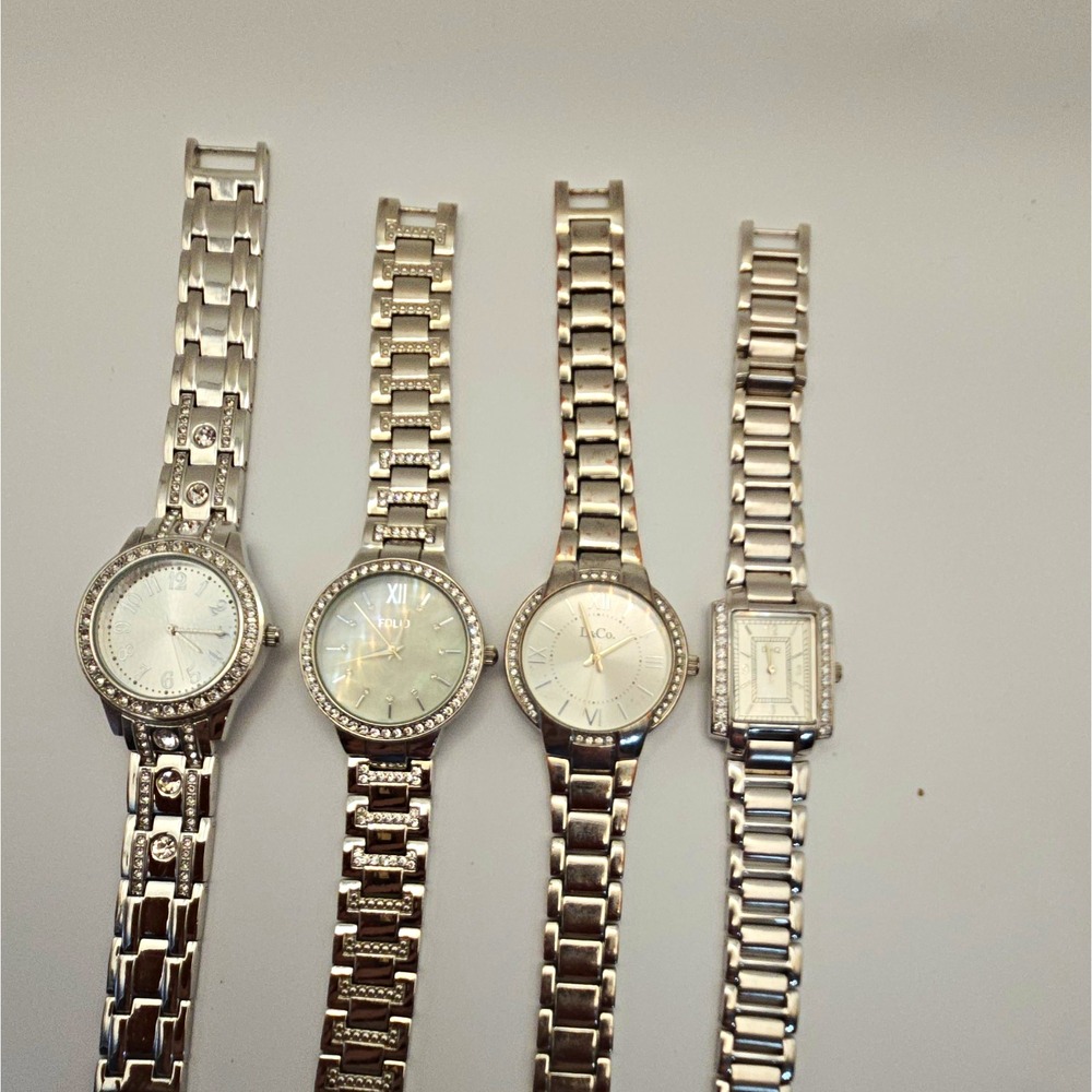 Lot of 4 Womens SilverTone Quartz Watches White/Silver Dial, Gems, Bracelet Band